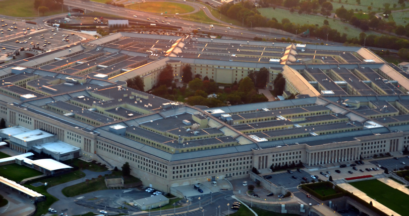 US pentagon building aerial view at sunset